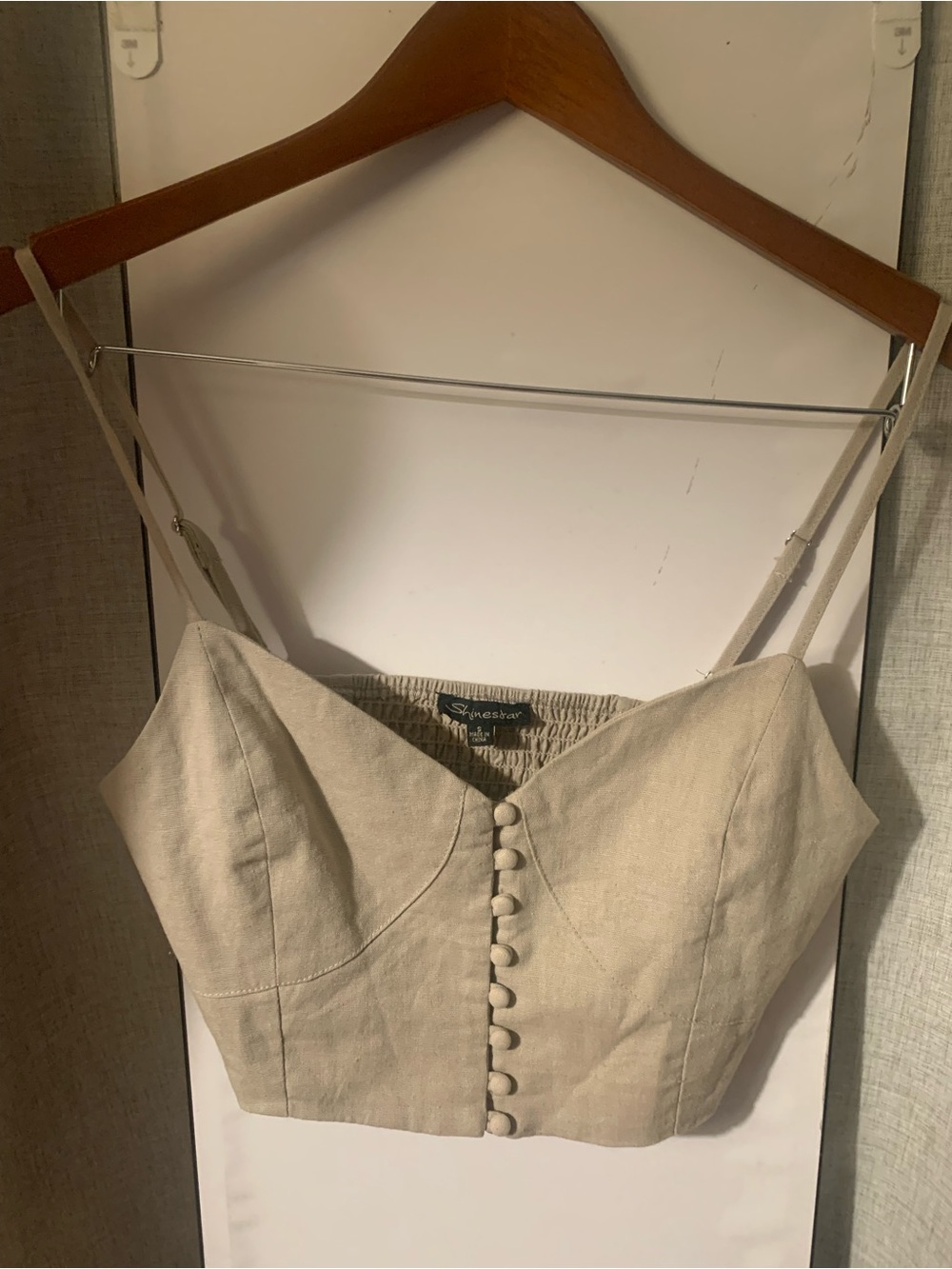 Shinestar Beige Button-Front Linen-Style Crop Cami